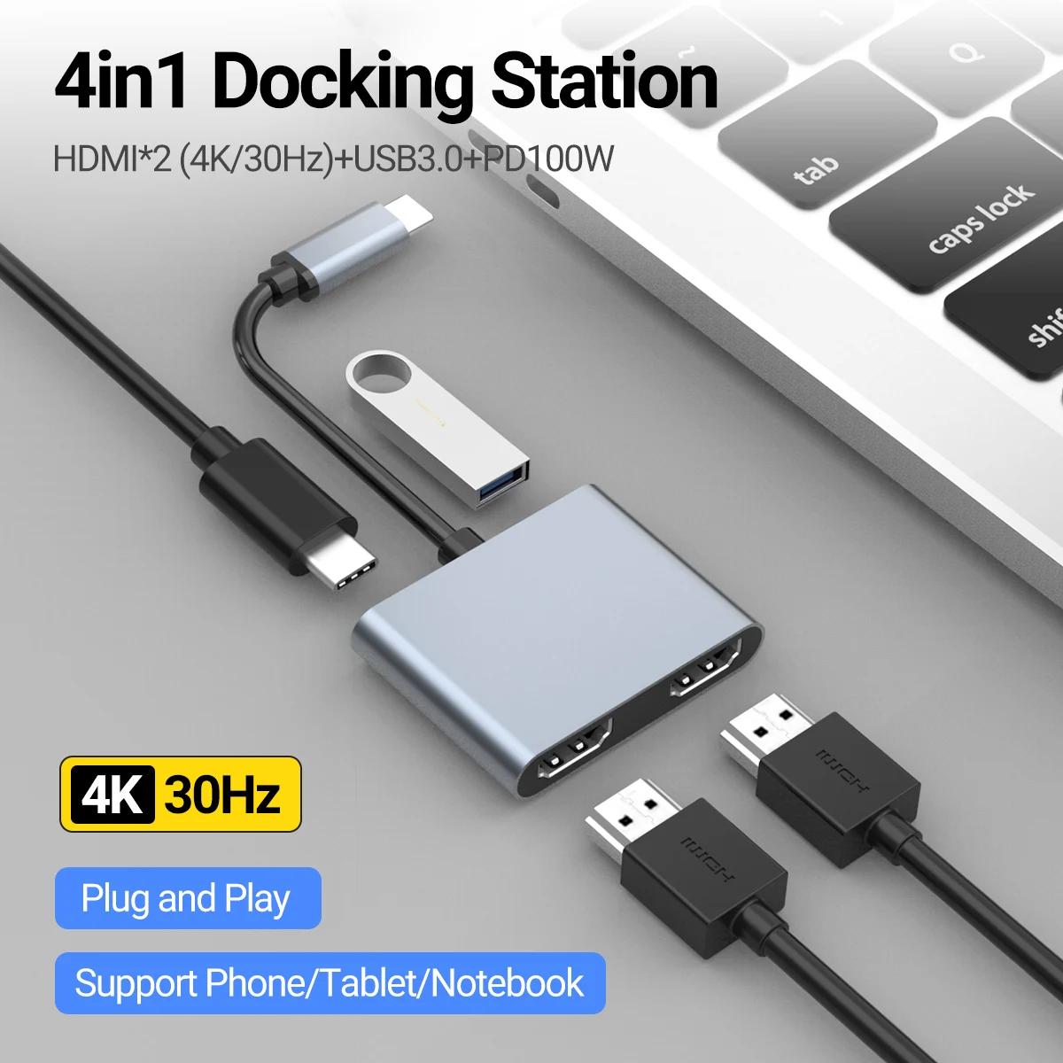 USB-C ŷ ̼, ˷̴  CŸ , 4K HDMI * 2, PD 100W, USB 3.0, ޴, ƺ, Ʈ ǻͿ, 4 in 1